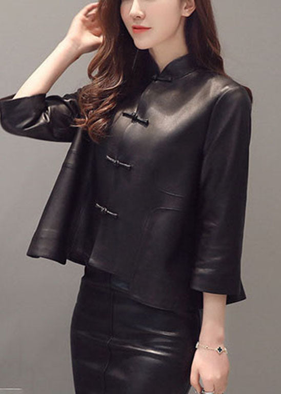 Black Button Stand Collar Faux Leather Coats Three Quarter Sleeve