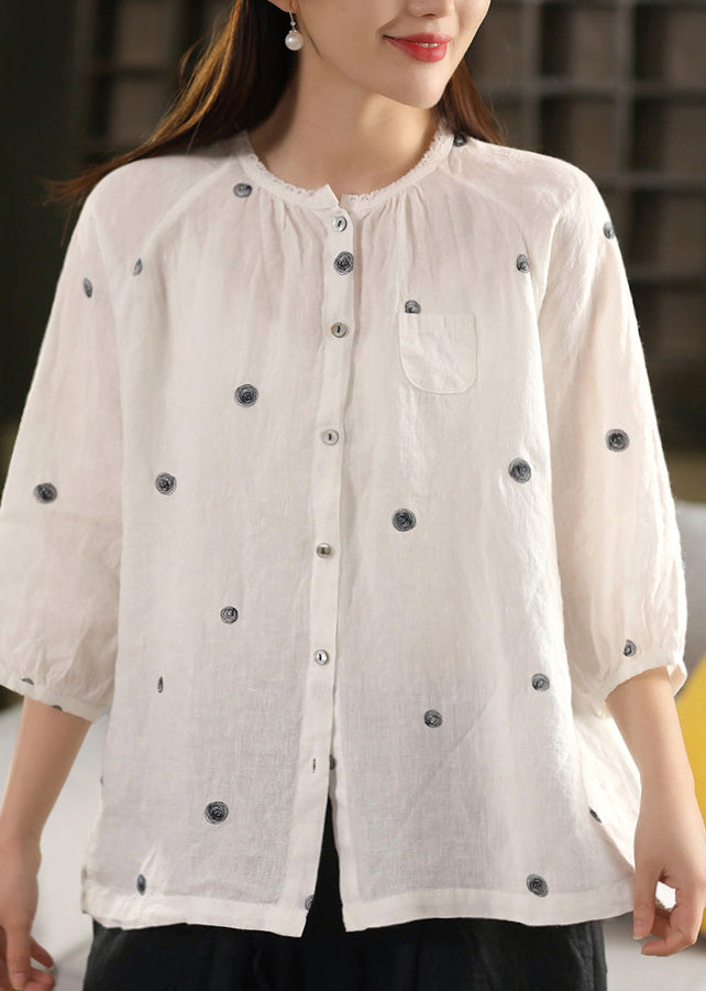 Black Embroidered Button Linen Blouse Top Summer