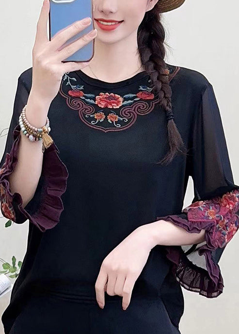 Black Embroidered Cotton Shirt Tops Bracelet Sleeve