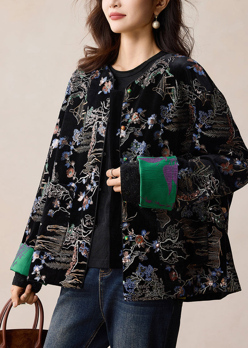 Black Embroidered Sequins Silk Velvet Coats Winter
