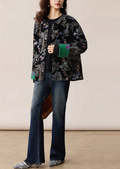 Black Embroidered Sequins Silk Velvet Coats Winter