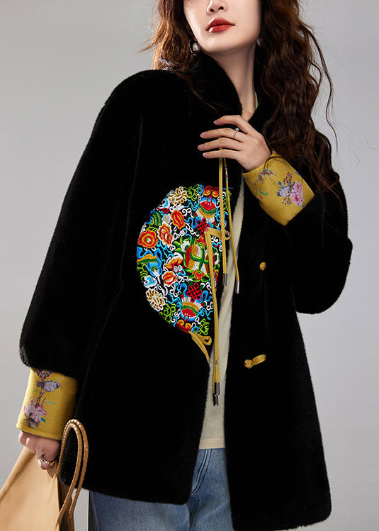 Black Embroidered Tasseled Faux Mink Velvet Coats Winter