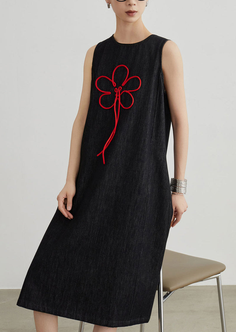 Black Embroidered Zippered Denim Dresses Sleeveless