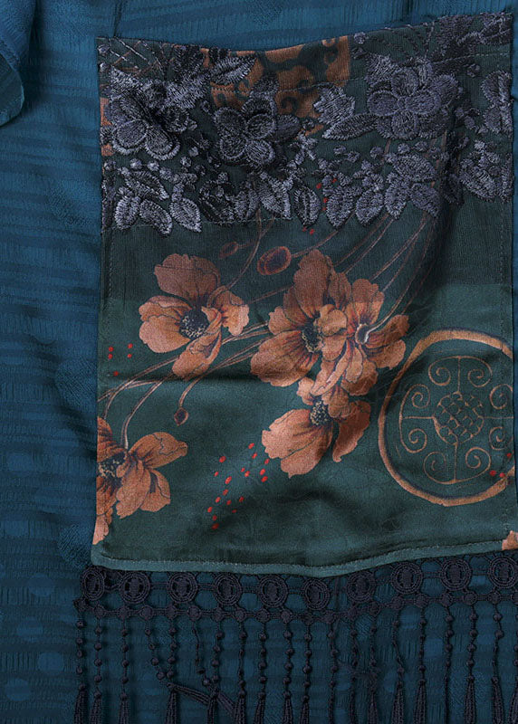 Black Embroideried Asymmetrical Design Patchwork Big Pocket Silk Long Dress Batwing Sleeve