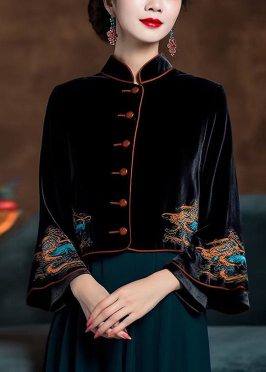 Black Embroidered Button Silk Velour Coats Flare Sleeve