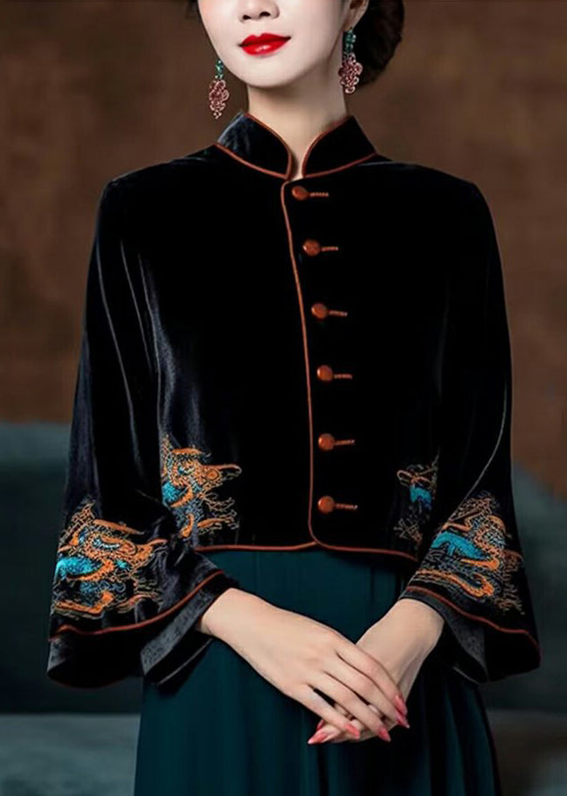 Black Embroidered Button Silk Velour Coats Flare Sleeve