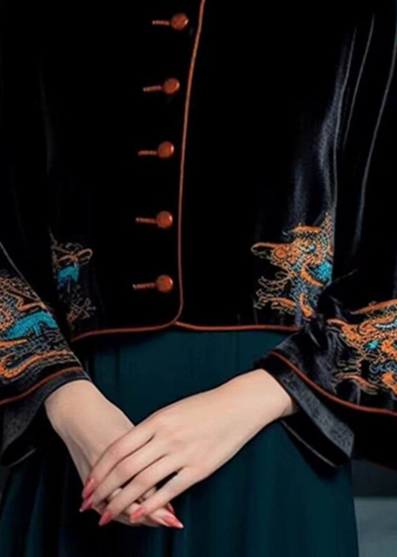 Black Embroidered Button Silk Velour Coats Flare Sleeve