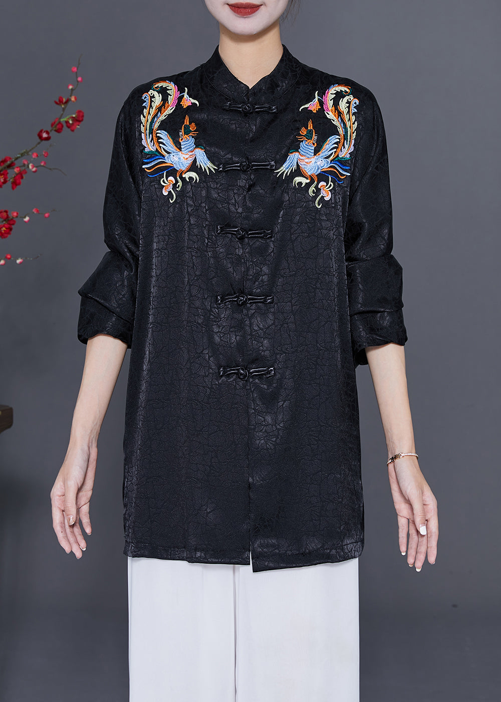 Black Embroideried Chinese Button Silk Blouses Fall