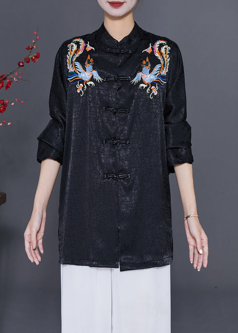 Black Embroideried Chinese Button Silk Blouses Fall