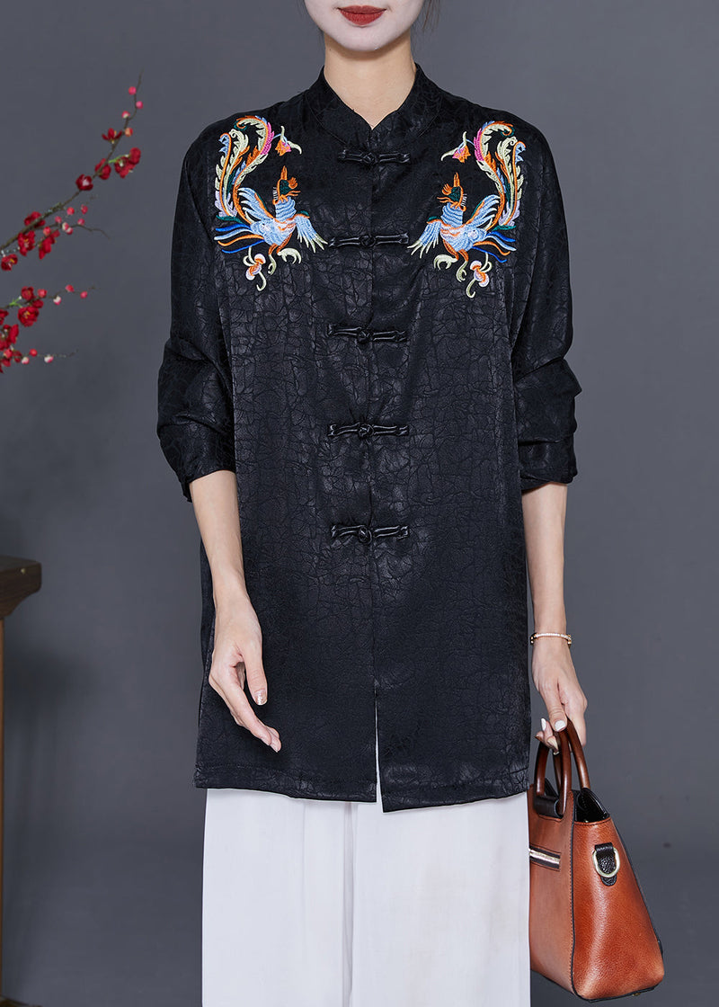 Black Embroideried Chinese Button Silk Blouses Fall
