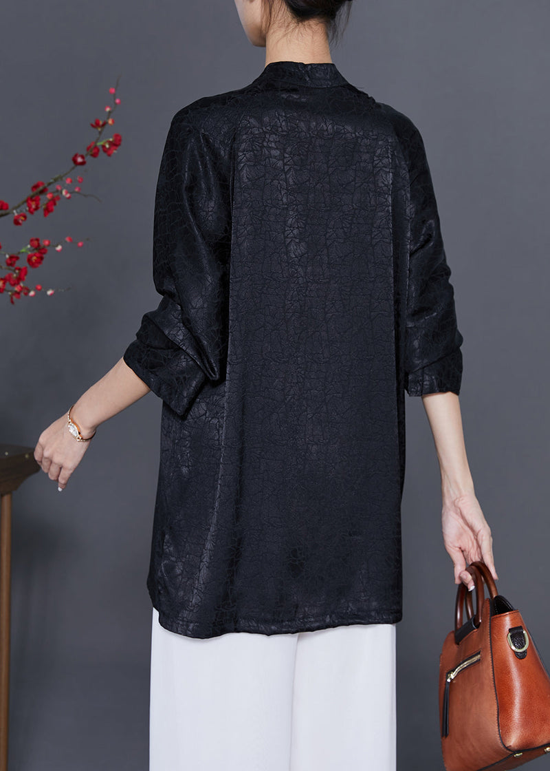 Black Embroideried Chinese Button Silk Blouses Fall