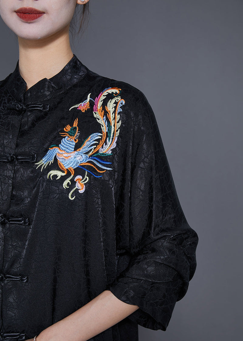 Black Embroideried Chinese Button Silk Blouses Fall