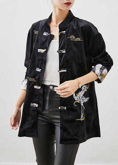 Black Embroidered Chinese Button Silk Velour Jackets Fall