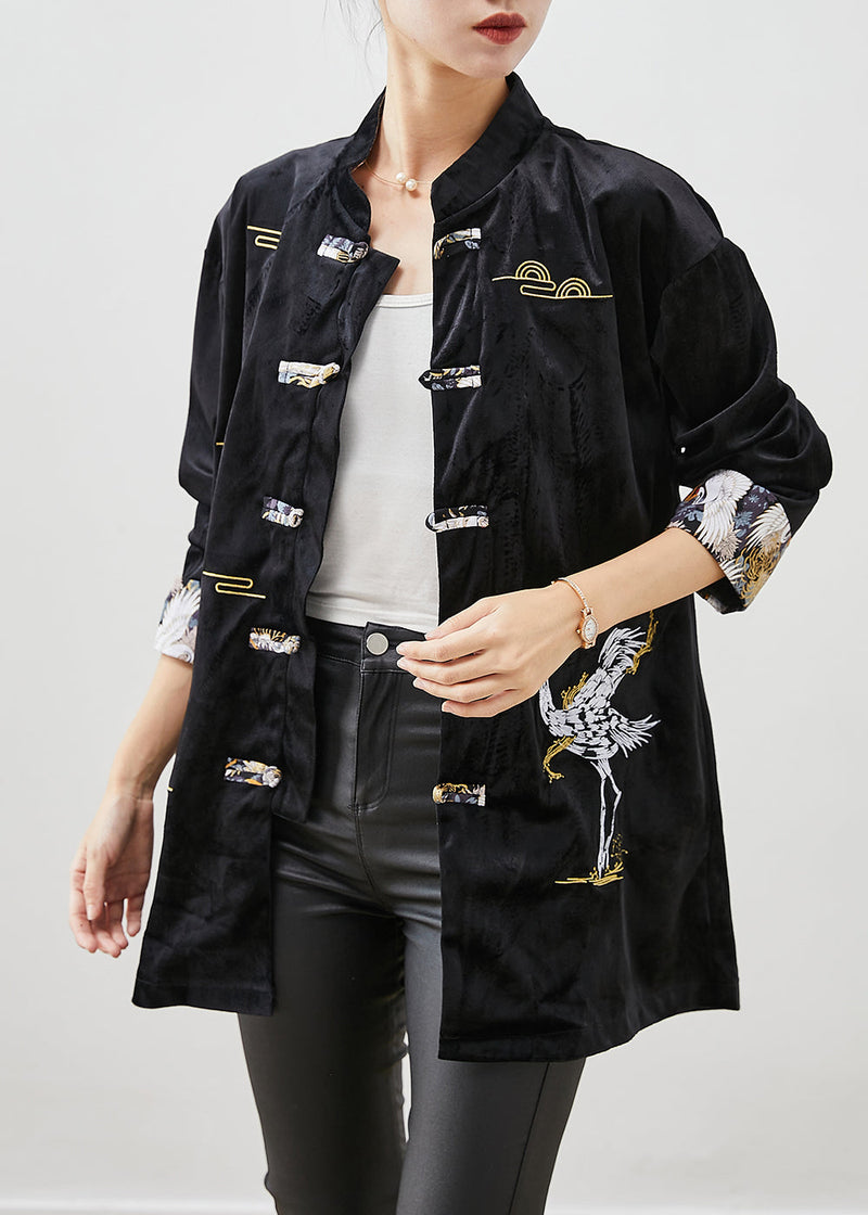 Black Embroidered Chinese Button Silk Velour Jackets Fall