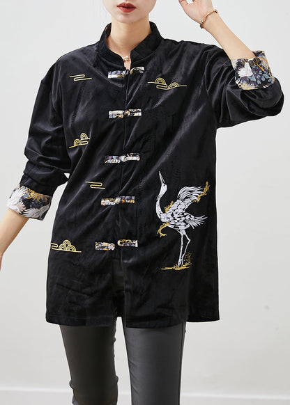 Black Embroidered Chinese Button Silk Velour Jackets Fall