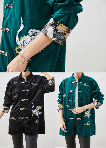 Black Embroidered Chinese Button Silk Velour Jackets Fall