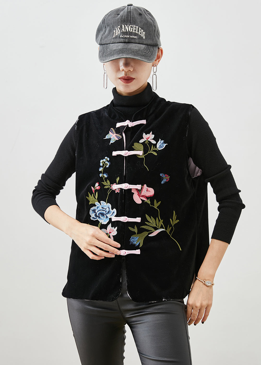 Black Embroideried Chinese Button Silk Velour Vest Fall