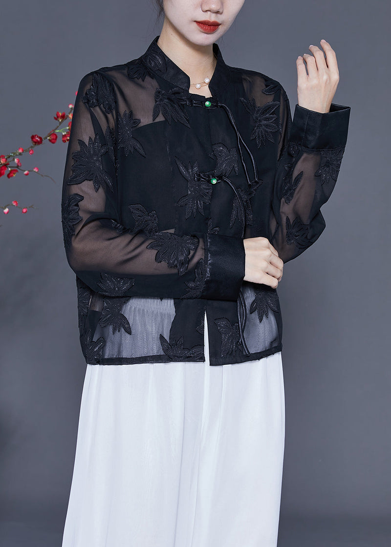Black Embroideried Chinese Button Tulle Shirt Tops Summer