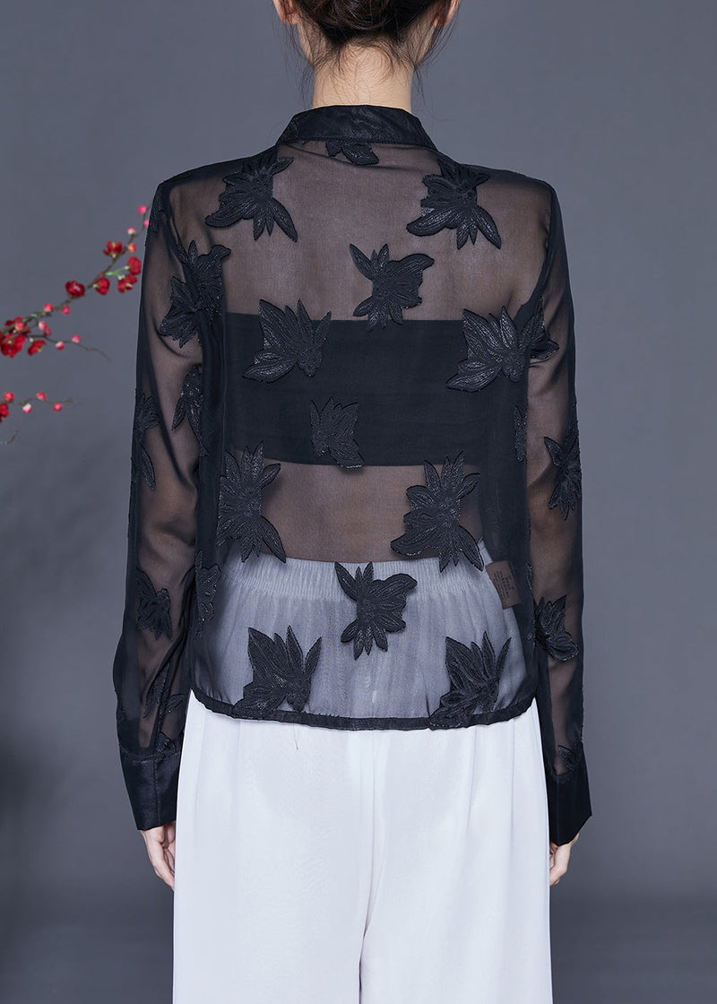 Black Embroideried Chinese Button Tulle Shirt Tops Summer