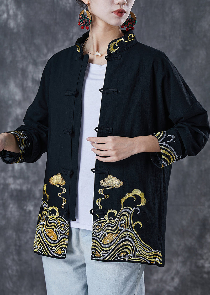 Black Embroideried Cotton Shirt Tops Spring