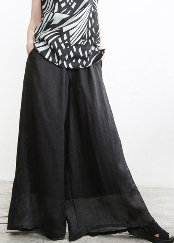Black Embroideried Elastic Waist Linen Wide Leg Pants Summer