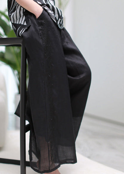Black Embroideried Elastic Waist Linen Wide Leg Pants Summer