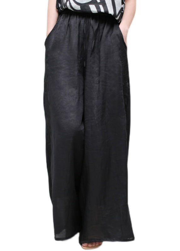 Black Embroideried Elastic Waist Linen Wide Leg Pants Summer
