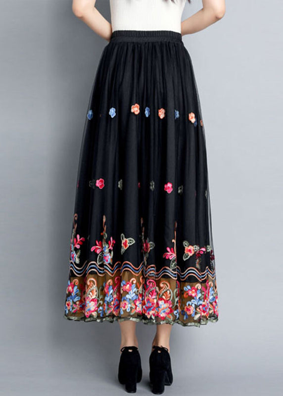 Black Embroideried Tulle Maxi Skirts Summer