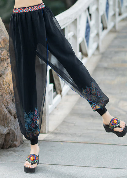 Black Embroideried Tulle Patchwork Lantern Pants Summer