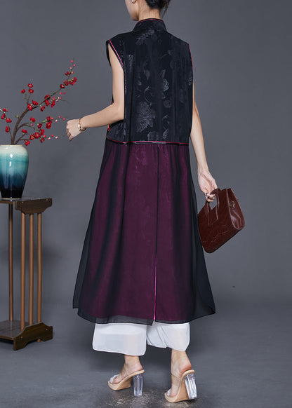 Black Embroideried Patchwork Silk Long Vest Fall