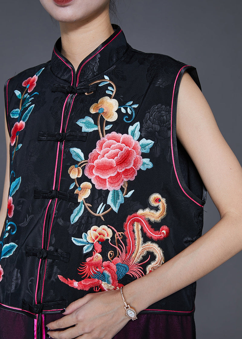 Black Embroideried Patchwork Silk Long Vest Fall