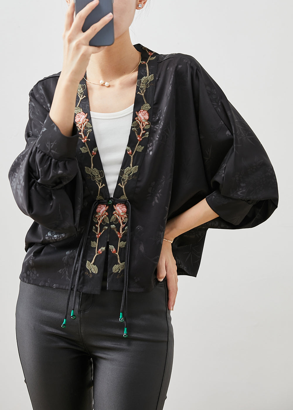Black Embroidered Tasseled Silk Cardigan Spring