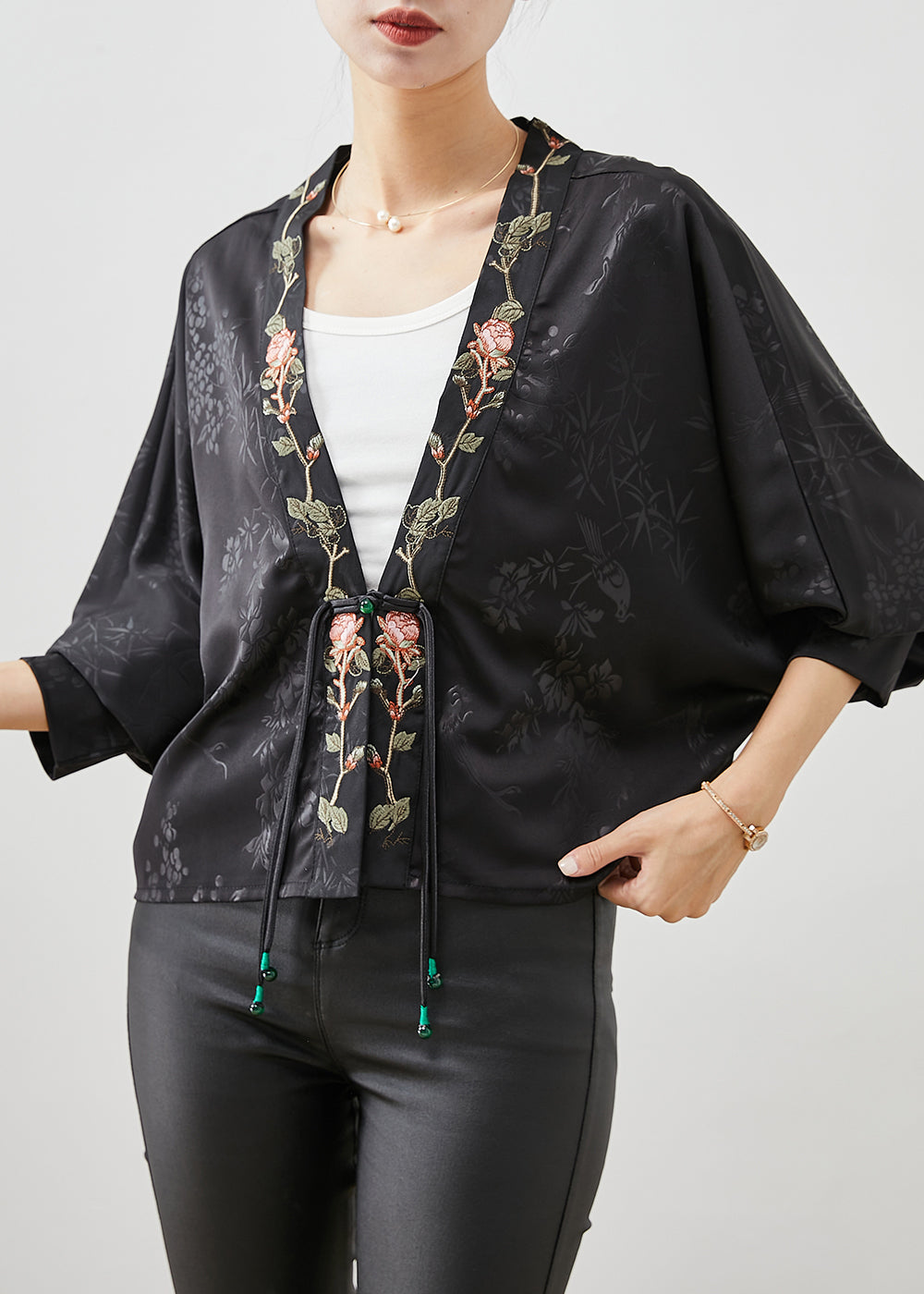 Black Embroidered Tasseled Silk Cardigan Spring