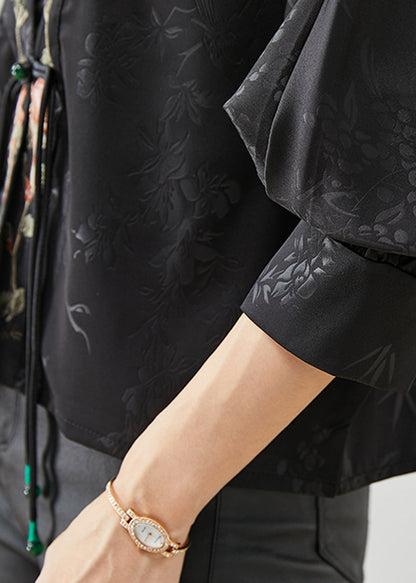 Black Embroidered Tasseled Silk Cardigan Spring