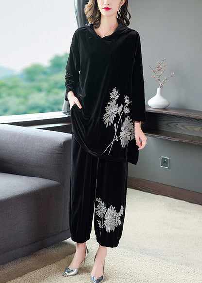 Black Embroideried Velour Top and Pants Two Pieces Set Fall