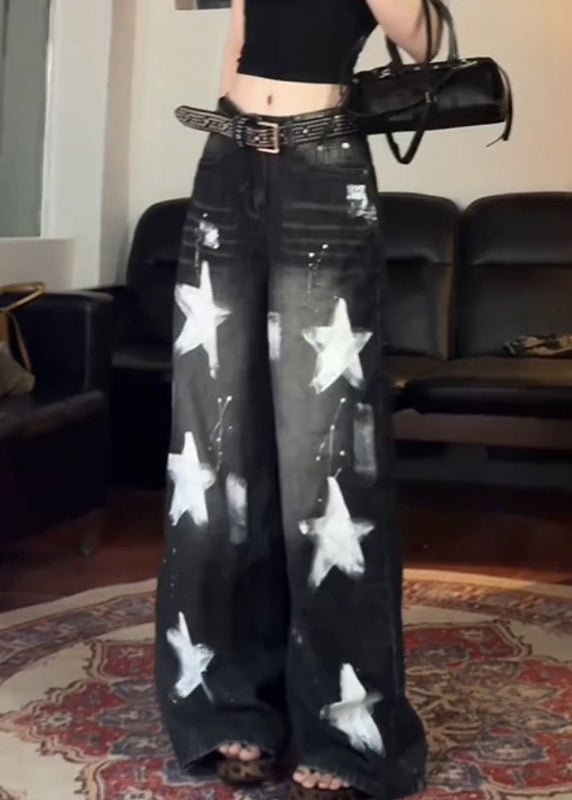 Black Five Pointed Star High Waist Denim Wide Leg Pants Spring