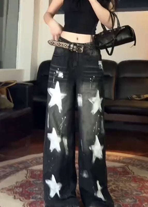 Black Five Pointed Star High Waist Denim Wide Leg Pants Spring