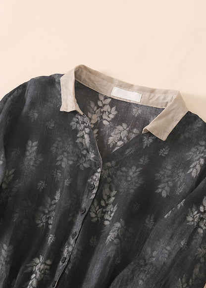 Black Grey Peter Pan Collar Drawstring Print Linen Holiday Dress Half Sleeve