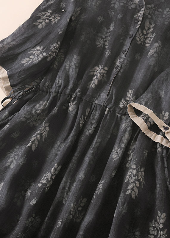Black Grey Peter Pan Collar Drawstring Print Linen Holiday Dress Half Sleeve