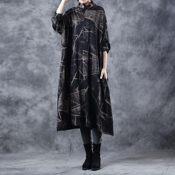 Black High Neck Cotton Base Baggy Dresses for