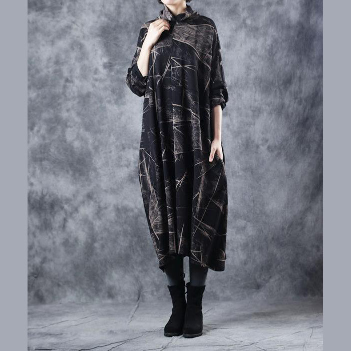 Black High Neck Cotton Base Baggy Dresses for