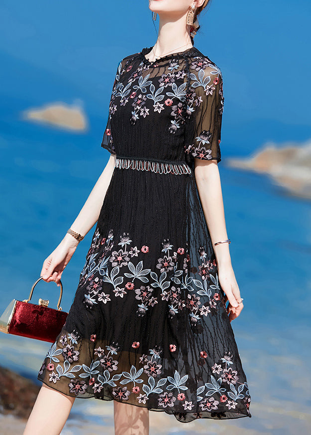 Black Hooded Embroideried Silk Holiday Dress Short Sleeve