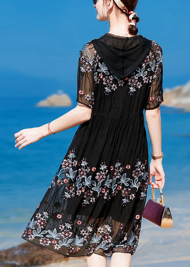 Black Hooded Embroideried Silk Holiday Dress Short Sleeve