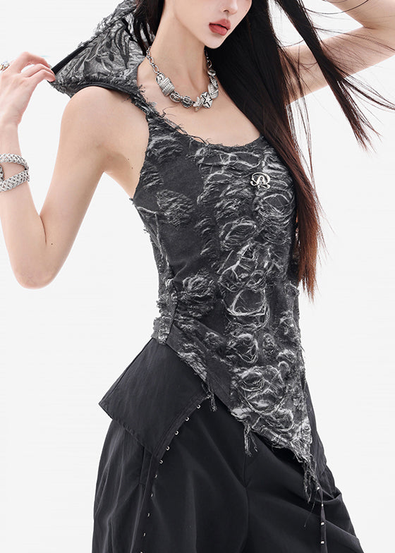 Black Hooded Hole Cotton Tops Sleeveless