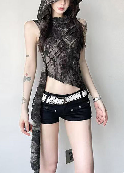 Black Hooded Original Design Cotton Tank Sleeveless