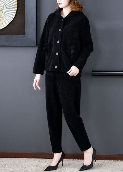 Black Hooded Color Corduroy Coats and Harem Pants Two Pieces Set Winter
