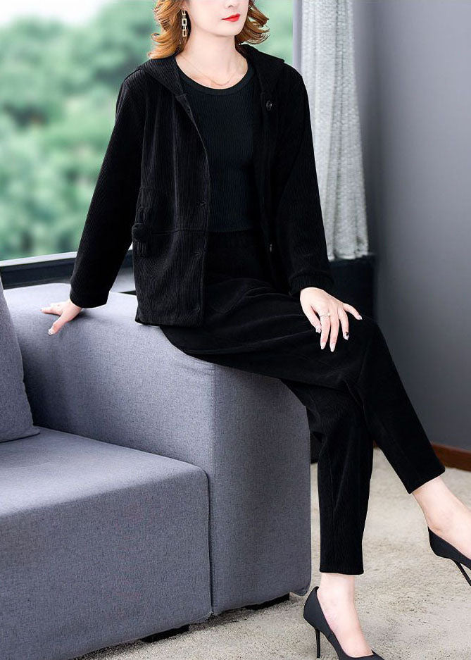 Black Hooded Color Corduroy Coats and Harem Pants Two Pieces Set Winter