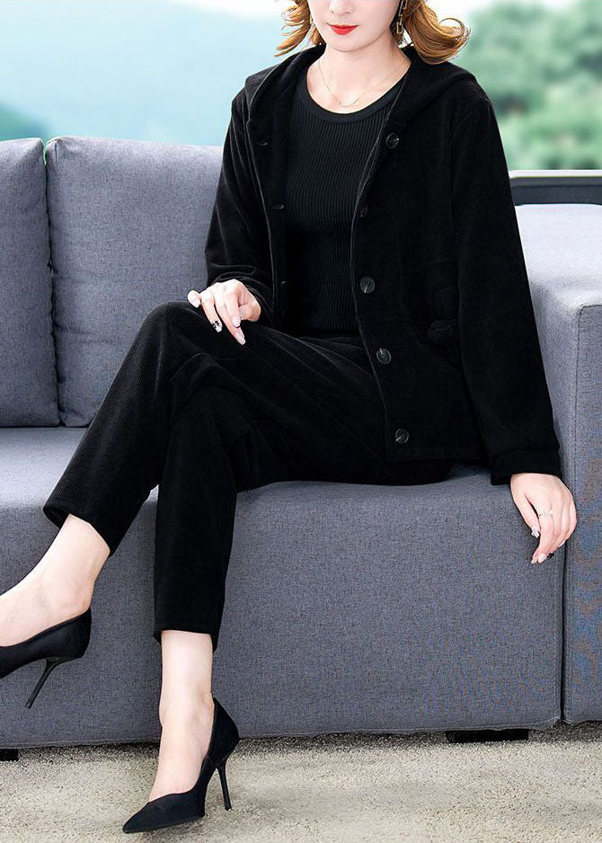 Black Hooded Color Corduroy Coats and Harem Pants Two Pieces Set Winter