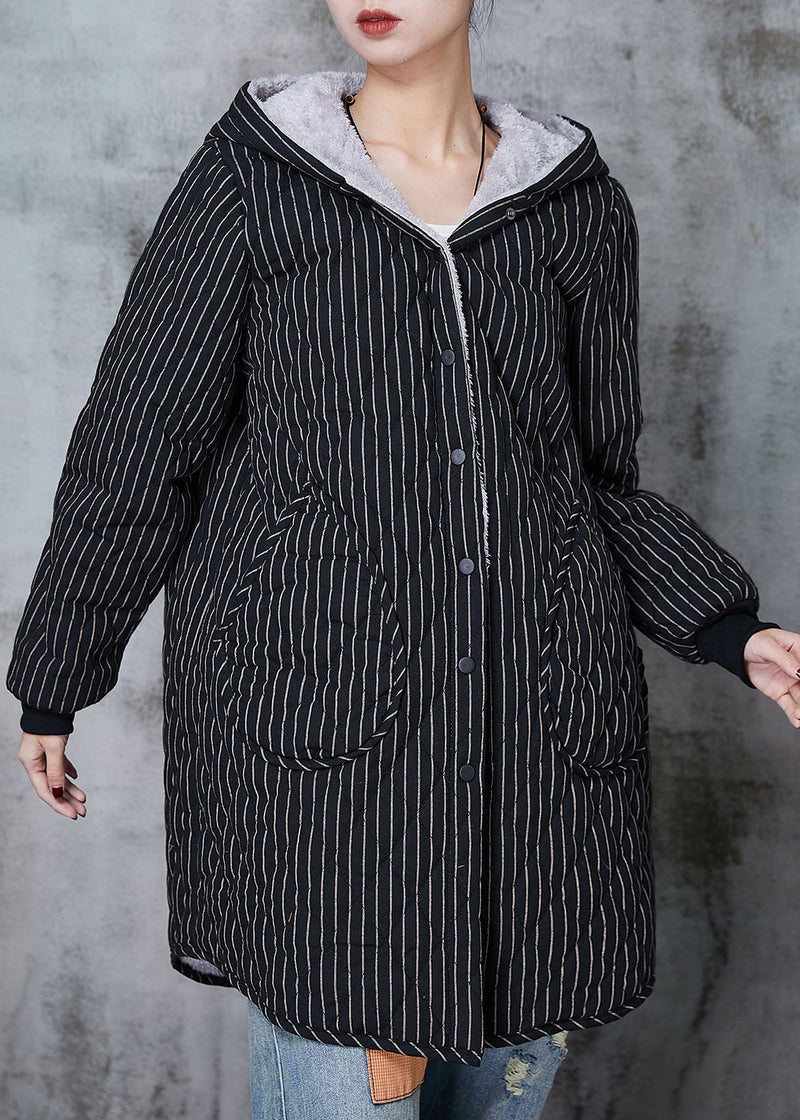 Black Hooded Striped Warm Fleece Coat Winter