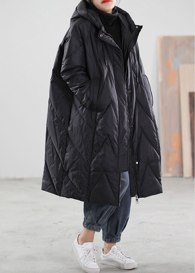 Black Hooded Drawstring Duck Down Winter Coats